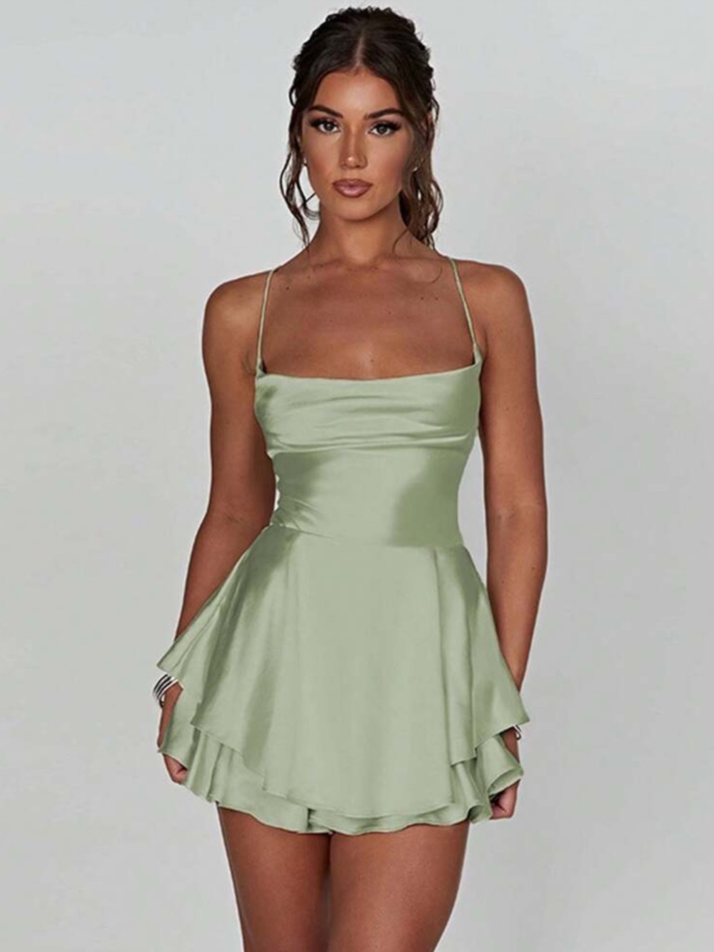 Green Satin backless mini dress
